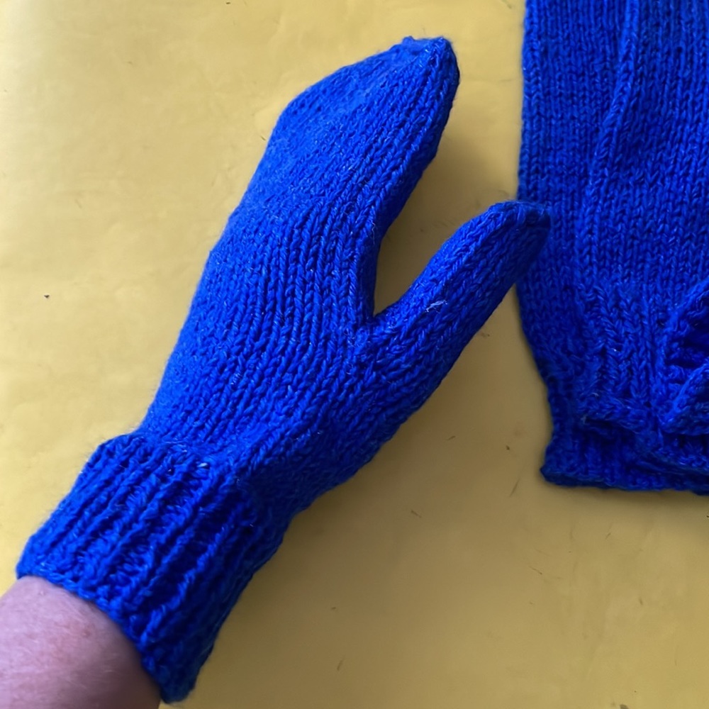 Royal blue hand knitted wool mittens
